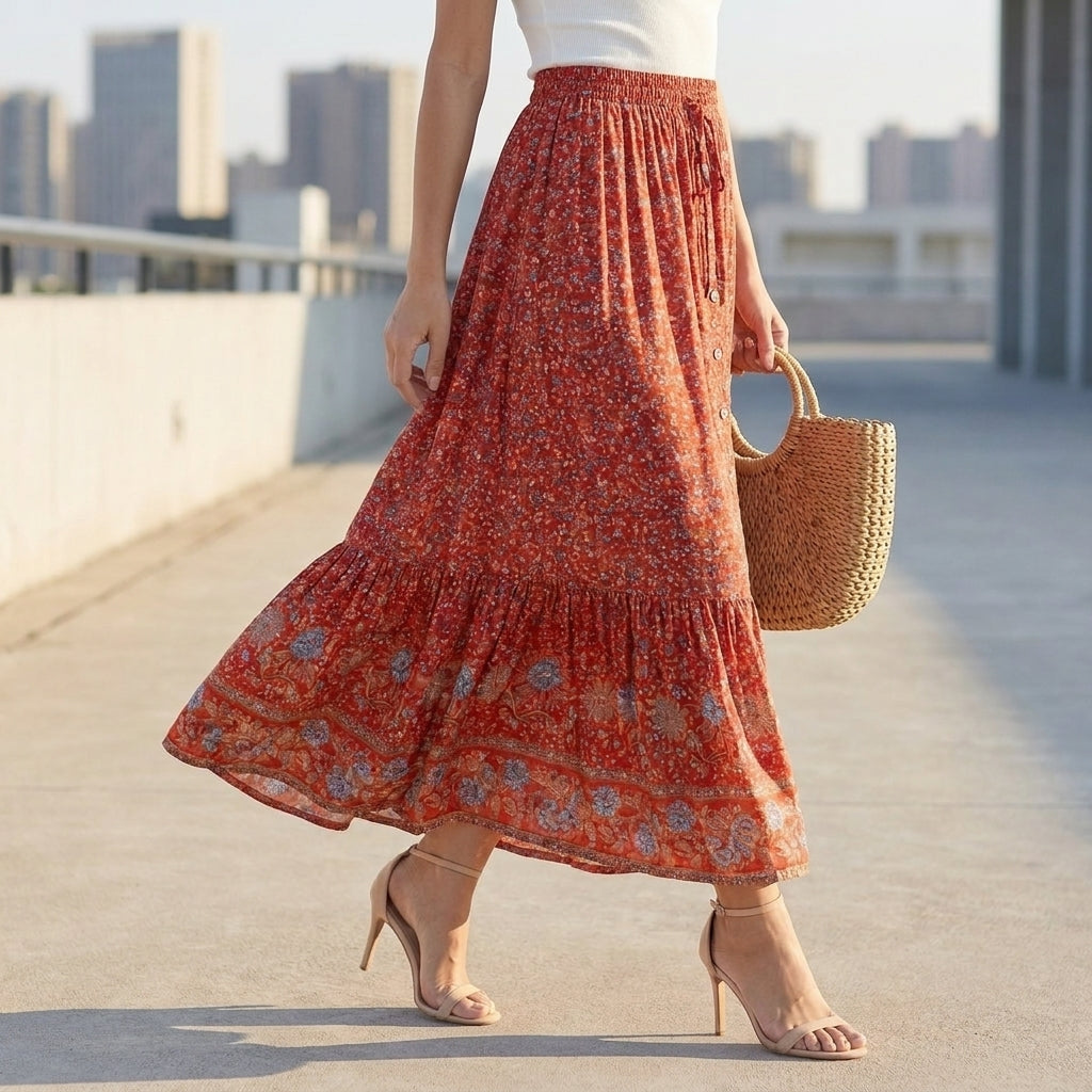 Floral Border Print Button-Front Maxi Skirt