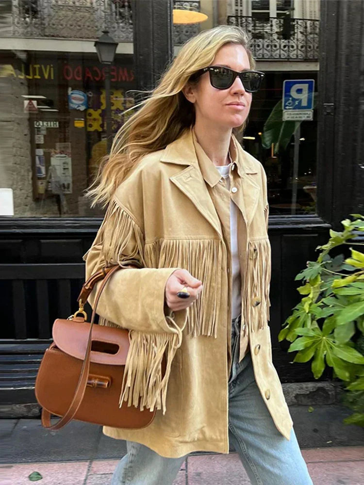 Women's Fringe Trim Suede-Look Jacket