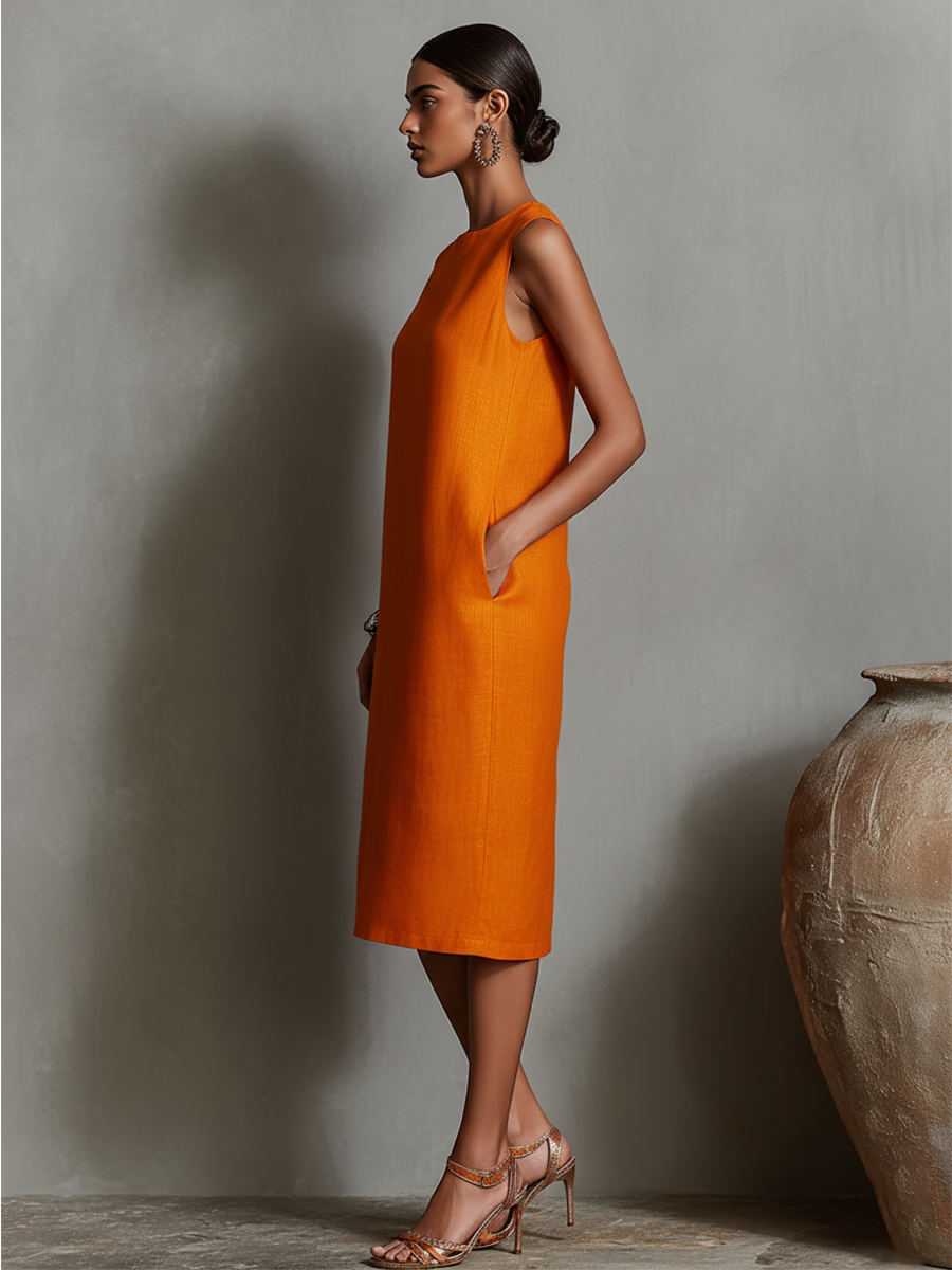 Linen Blend Sleeveless Shift Midi Dress