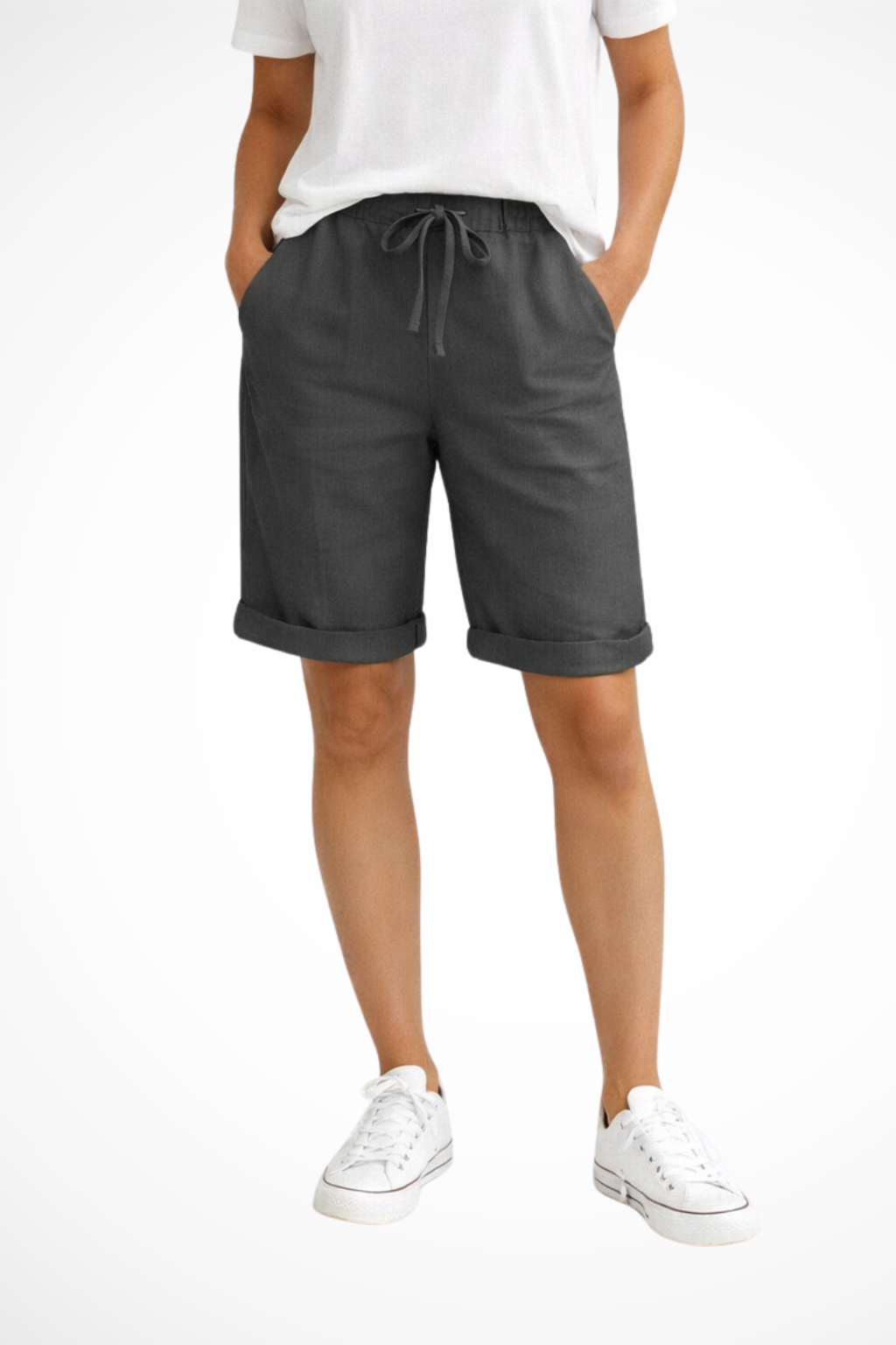 Linen Blend Cuffed Bermuda Shorts with Drawstring Waist