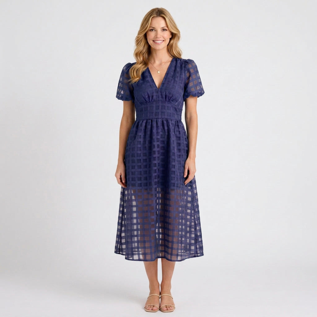 Cut-Out Check Midi Dress