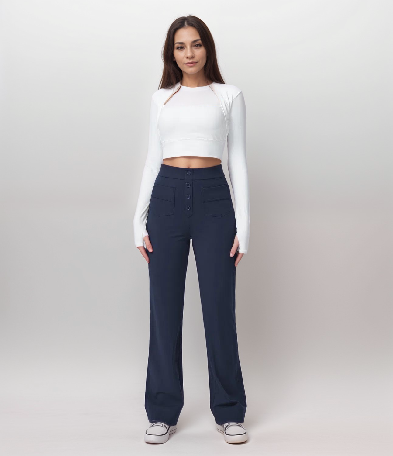 High-Waisted Wide Leg Trousers with Button Front