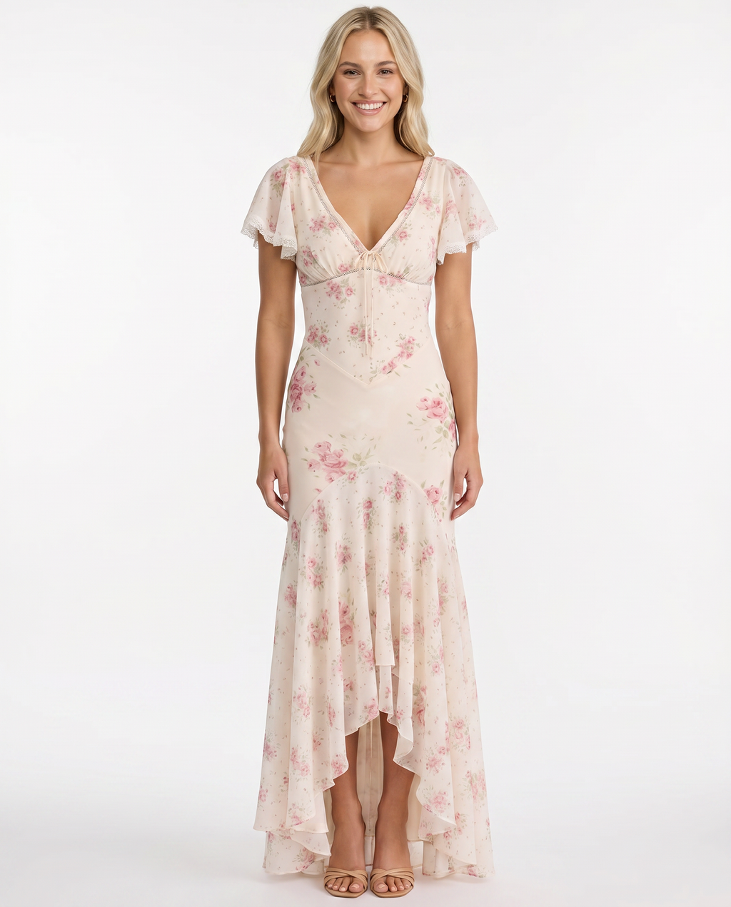 Floral Lace Trim Tie-Front Flutter Sleeve Maxi Dress