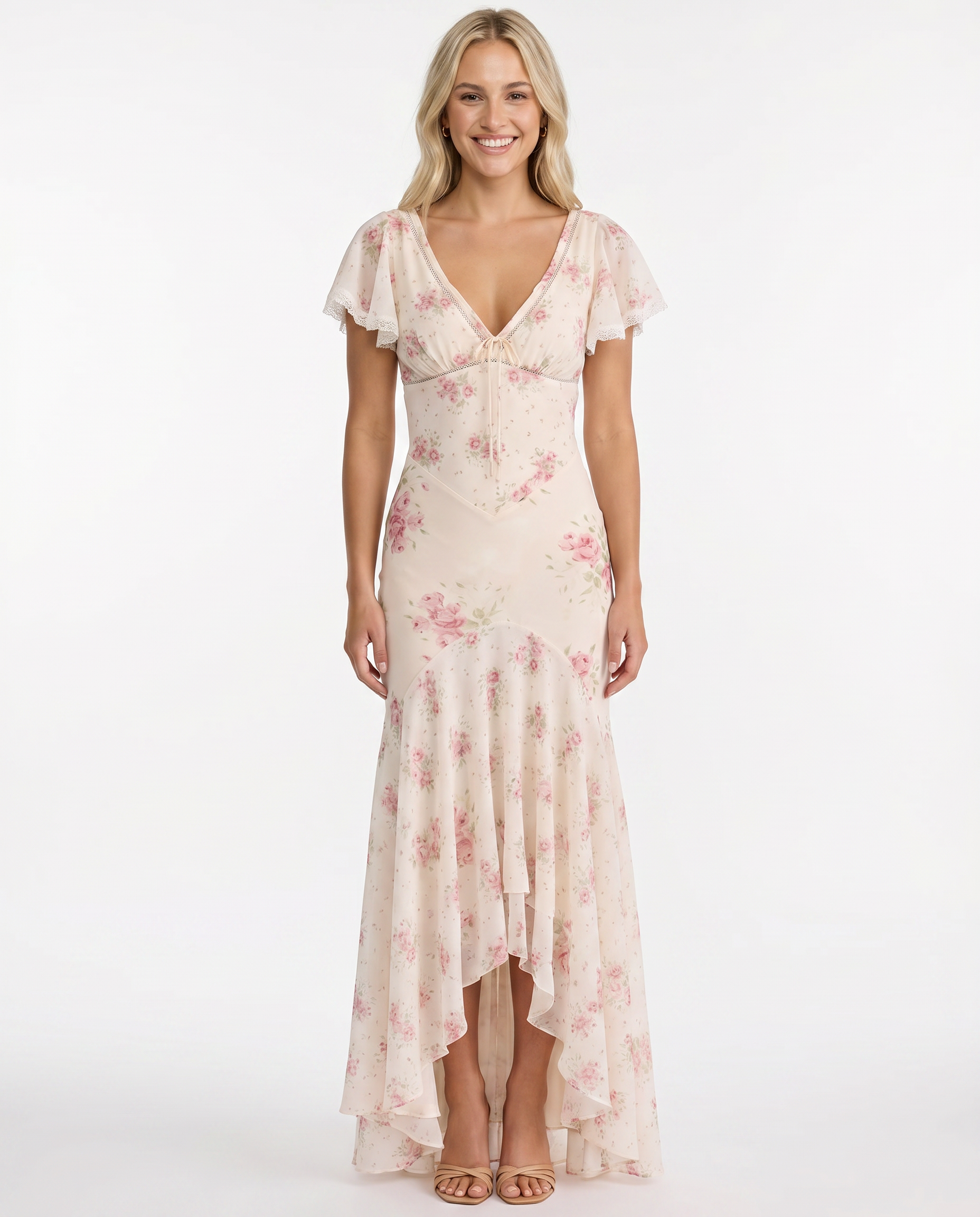 Floral Lace Trim Tie-Front Flutter Sleeve Maxi Dress