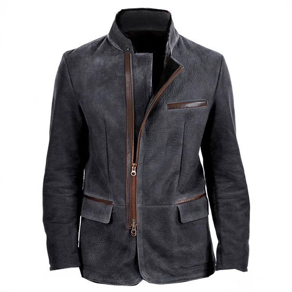Men's Faux Leather Contrast Trim Blazer Jacket