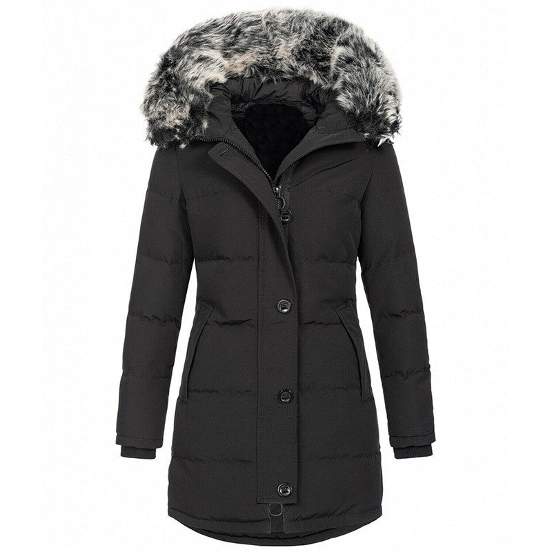 Manteau matelassé long pour femme avec capuche en fausse fourrure