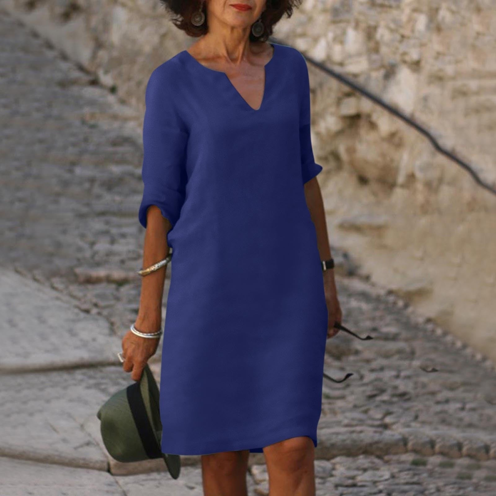Notch V-Neck Linen Shift Dress with Roll-Up Sleeves