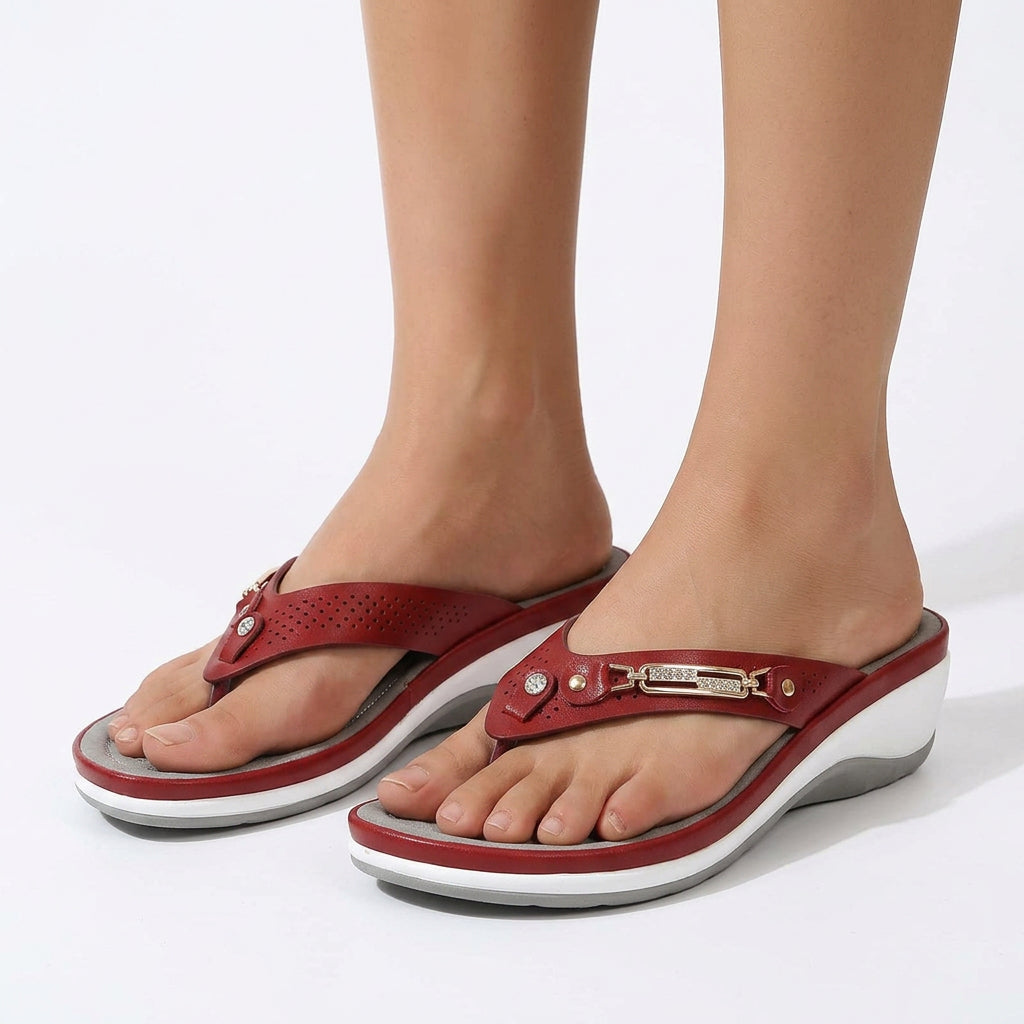 Embellished Thong Wedge Sandals with Perforated Strap