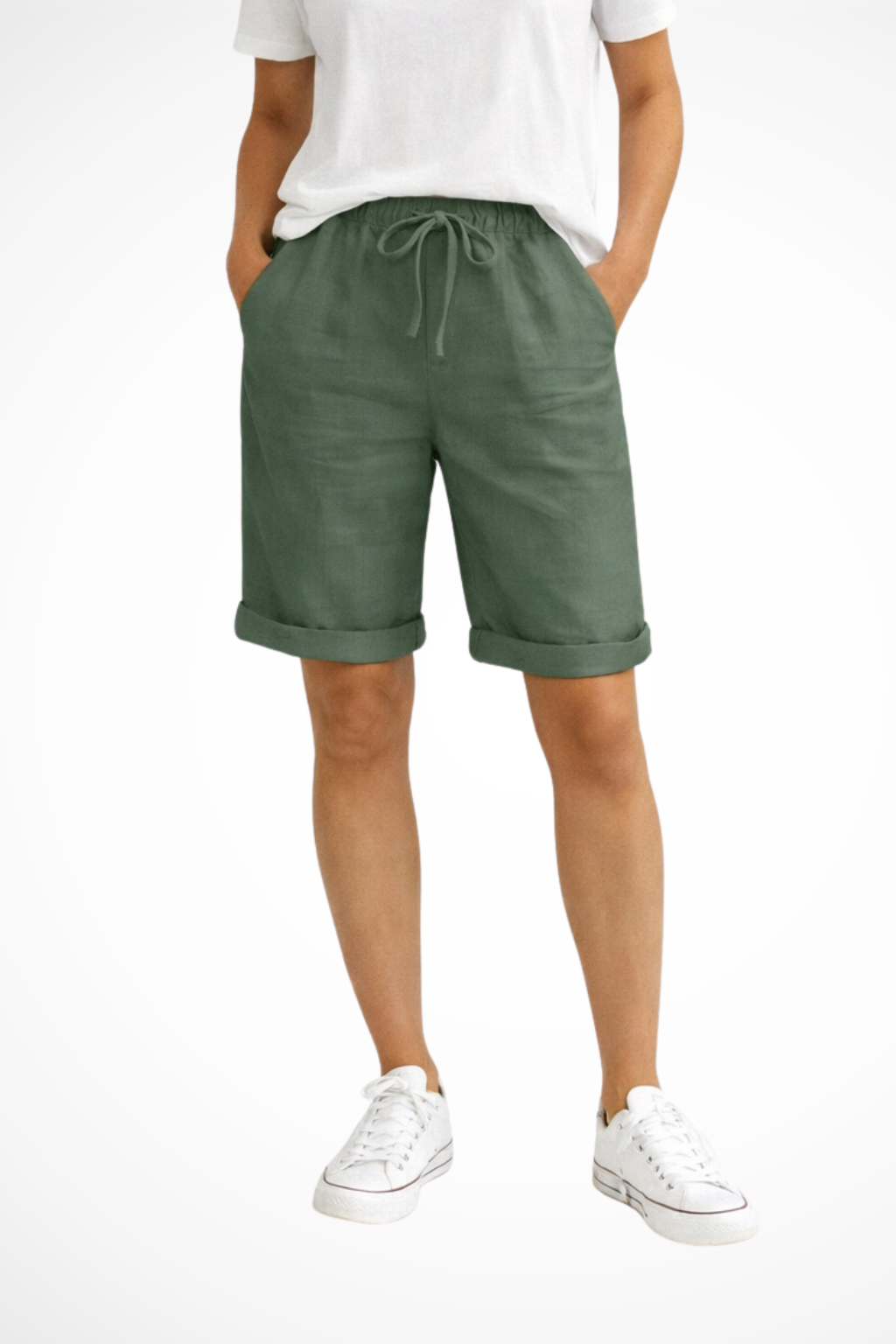 Linen Blend Cuffed Bermuda Shorts with Drawstring Waist
