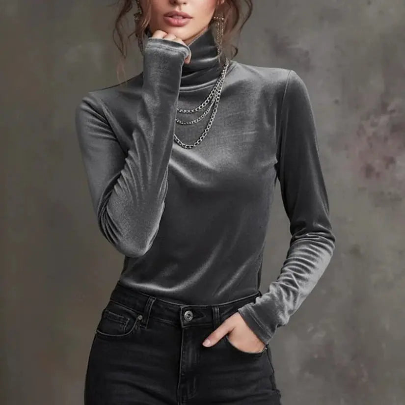 Women's Velvet Turtleneck Fitted Long Sleeve Top