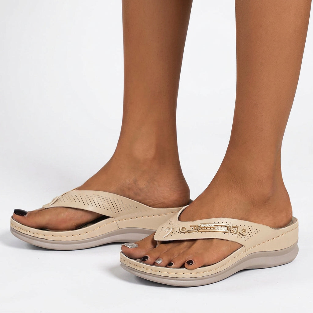 Embellished Thong Wedge Sandals with Perforated Strap