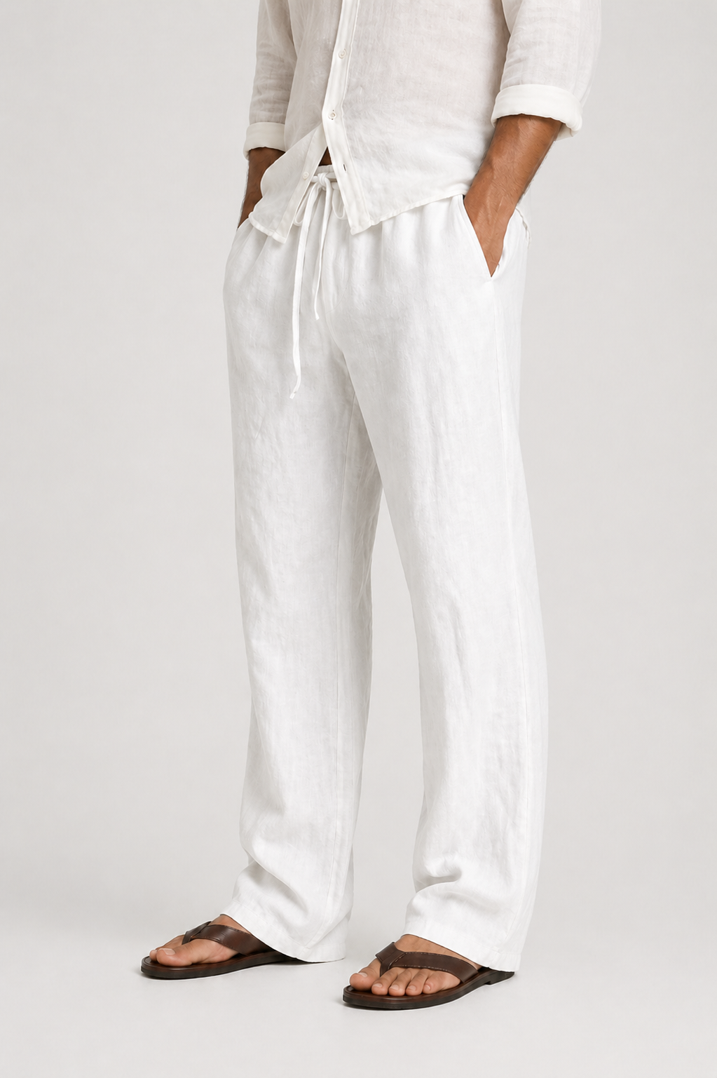 Pantalon en lin coupe décontractée avec taille à cordon de serrage