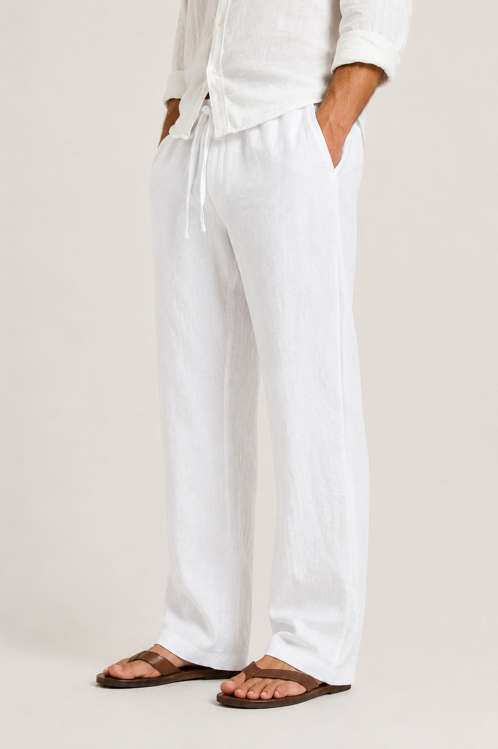 Pantalon en lin texturé coupe décontractée avec taille à cordon de serrage