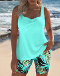 Ribbed Tankini Top with Palm Print Swim Shorts Set