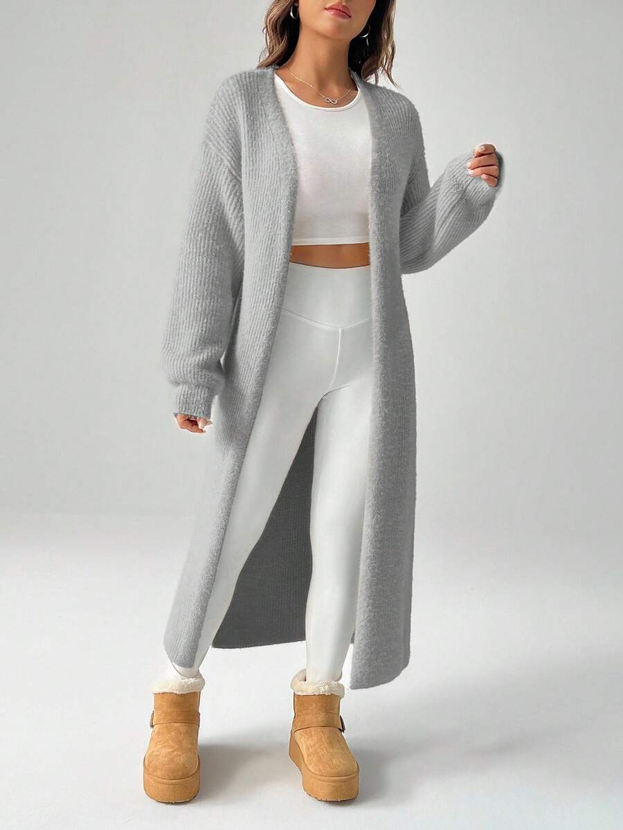 Women's Ribbed Knit Open Front Maxi Cardigan