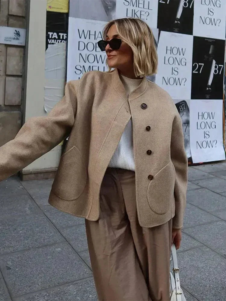 Women's Boxy Wool-Look Jacket with Round Pockets