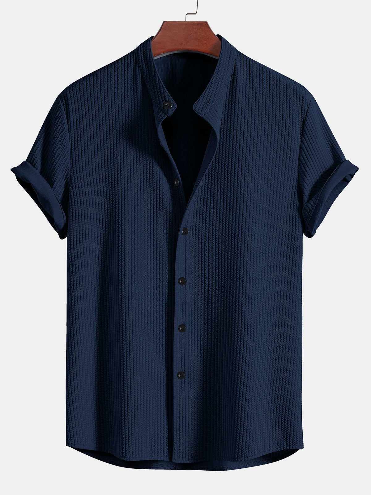 Men's Textured Knit Short Sleeve Band Collar Shirt