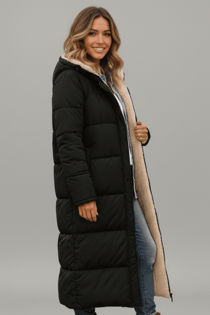 Women's Long Puffer Coat with Faux Shearling Trim