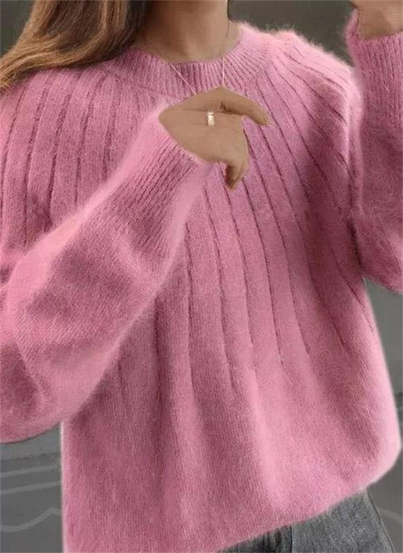 Women's Ribbed Fuzzy Knit Sweater with Round Neck