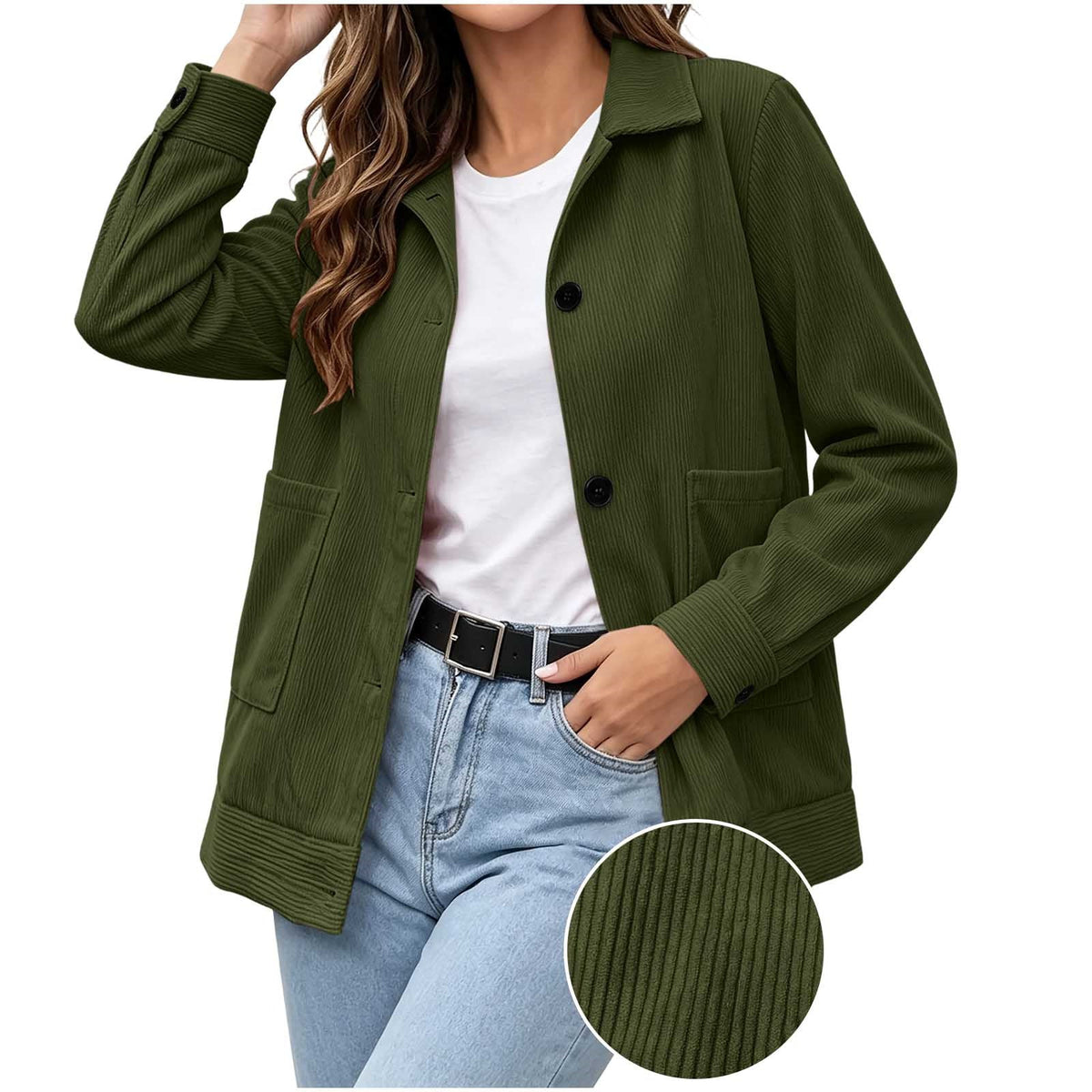 Women's Corduroy Button-Up Jacket with Patch Pockets