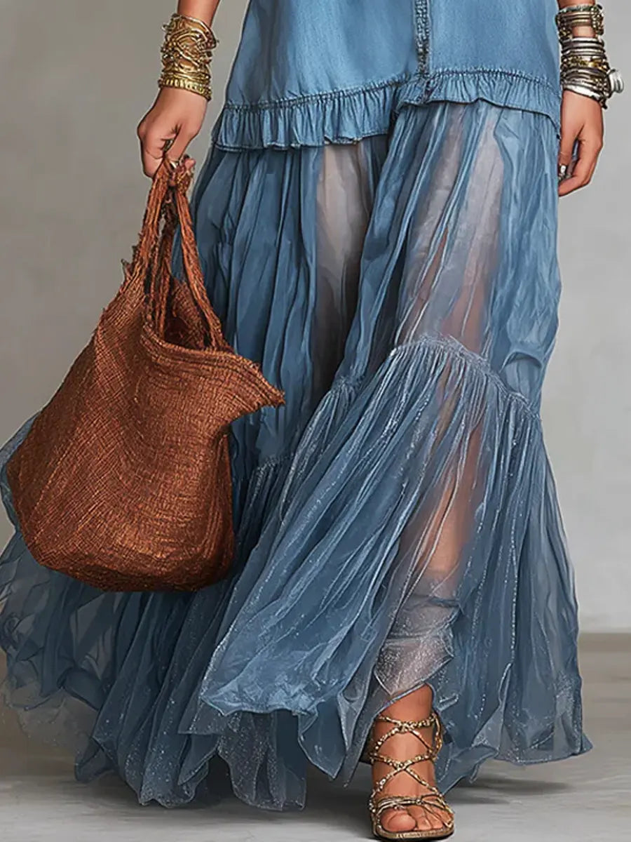 Robe longue transparente à volants avec corsage en jean pour femme