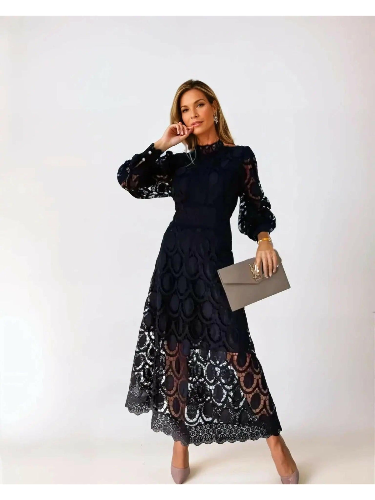 Women's Crochet Lace Long Sleeve Maxi Dress