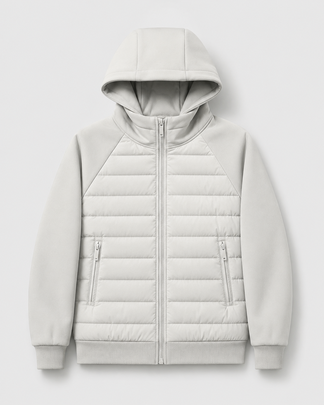 Men's quilted hooded zip jacket with long sleeves and front zip pockets