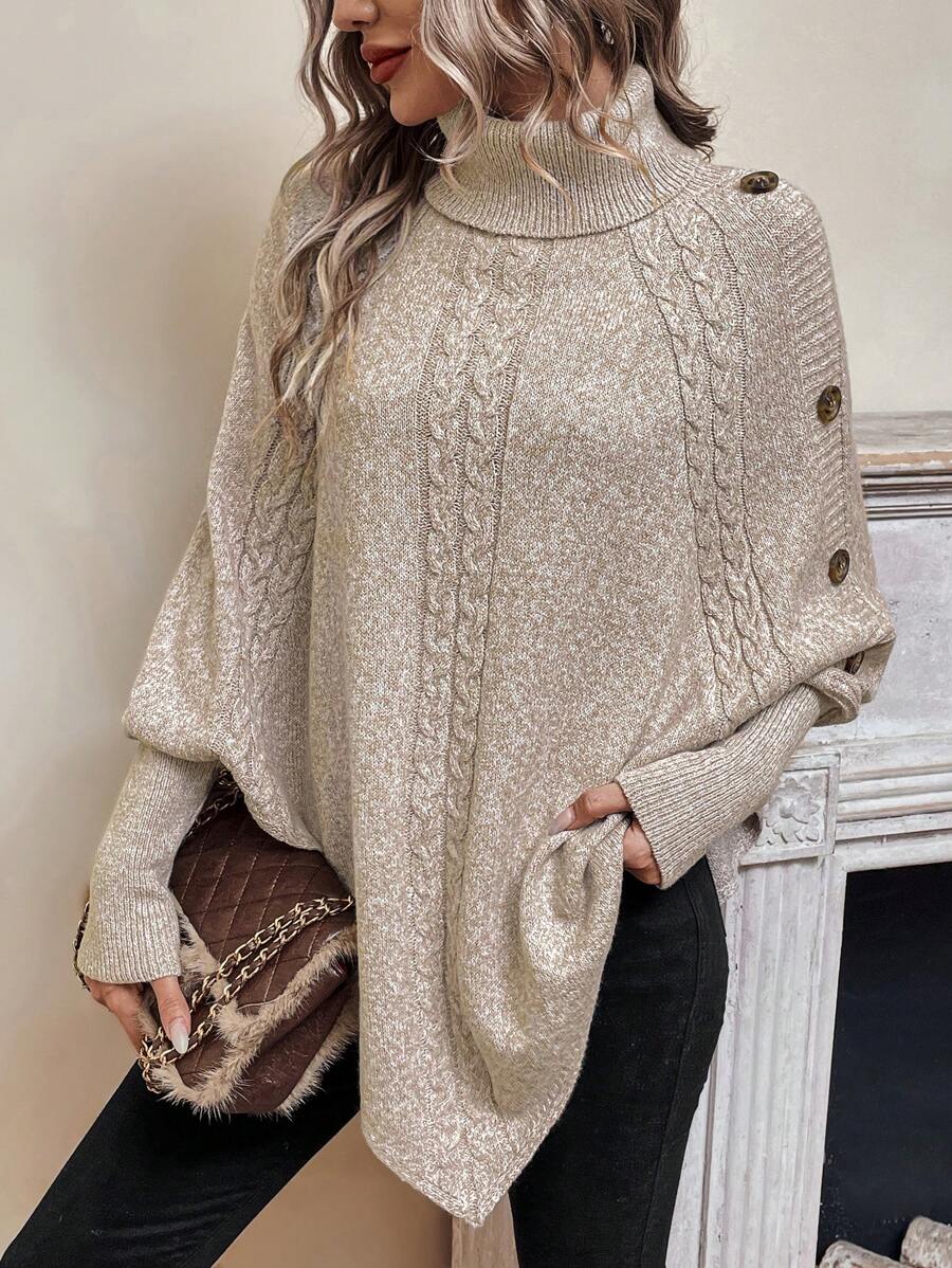 Women's Cable Knit Turtleneck Poncho Sweater