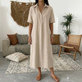 Robe midi décontractée en lin à manches courtes et col pour femme