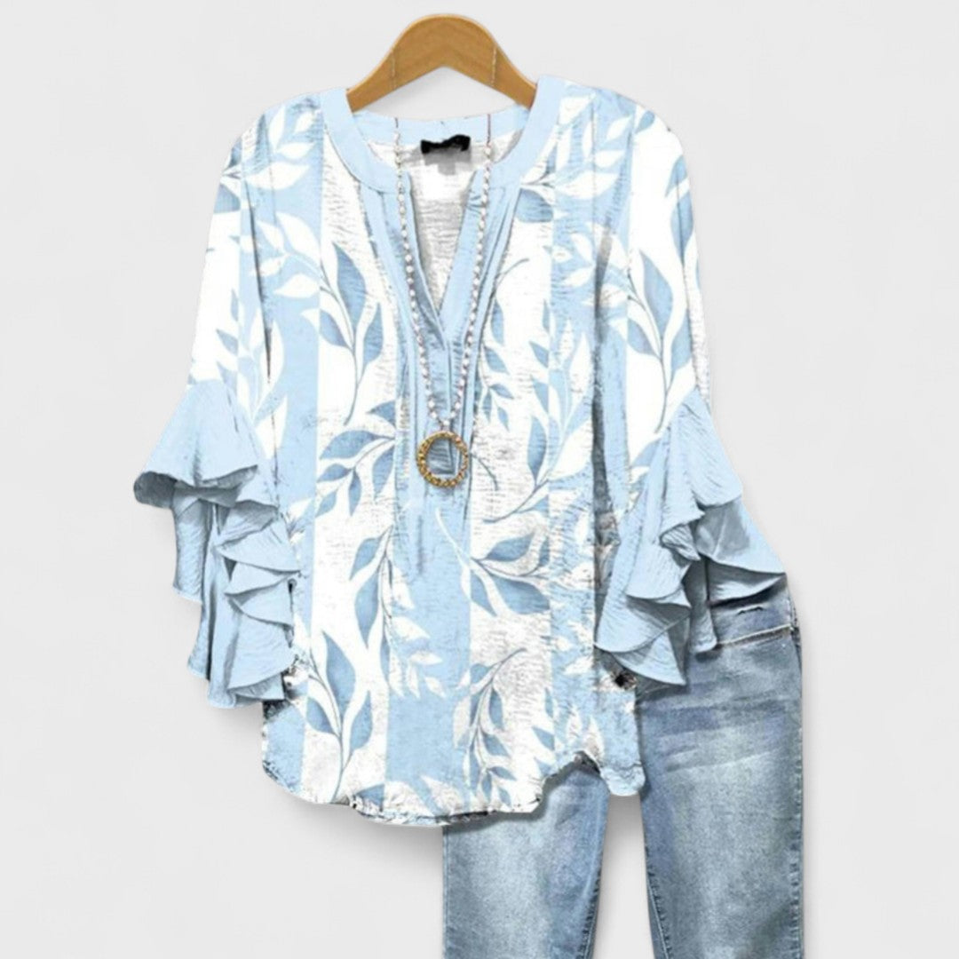 Floral Print Tiered Ruffle Sleeve V-Neck Blouse