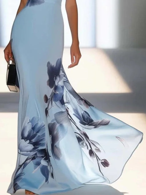 Robe longue sirène fleurie asymétrique pour femme