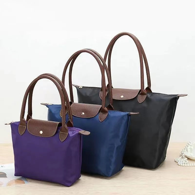 Foldable Nylon Tote Bag with Leather Trim