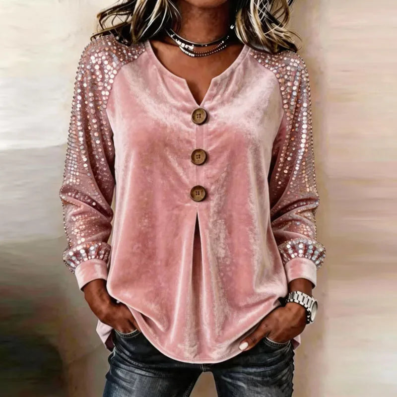 Women's Sequin Sleeve Velvet Button-Up Top