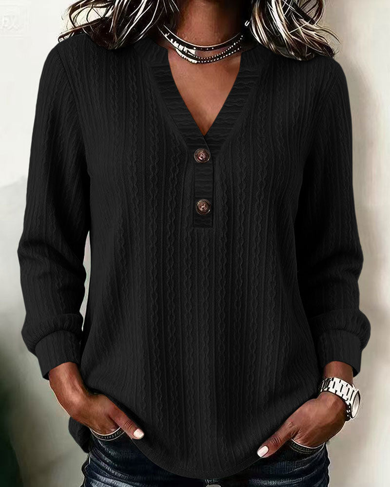 Women's Cable Textured V-Neck Button Long Sleeve Top