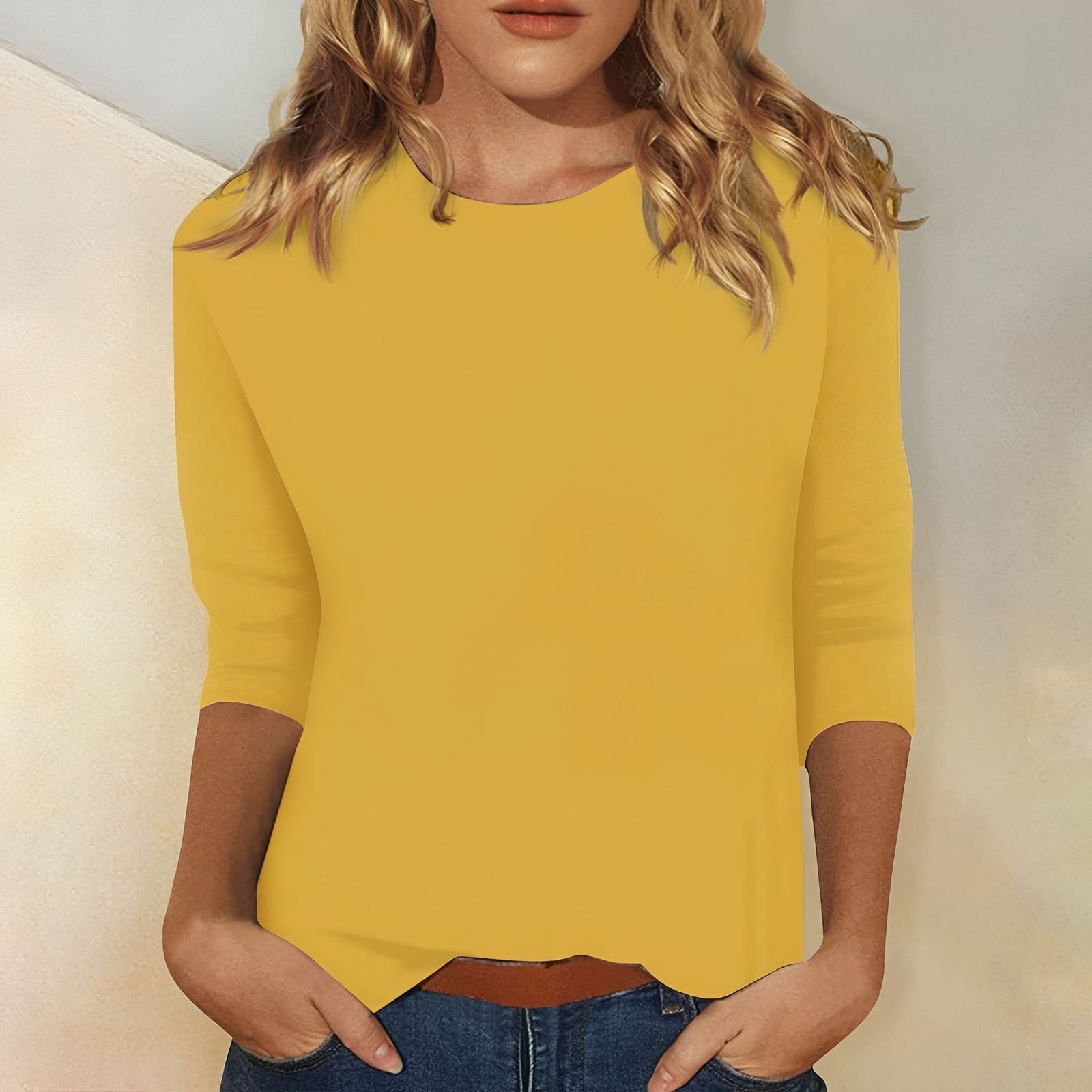 Round Neck Three-Quarter Sleeve Basic Top