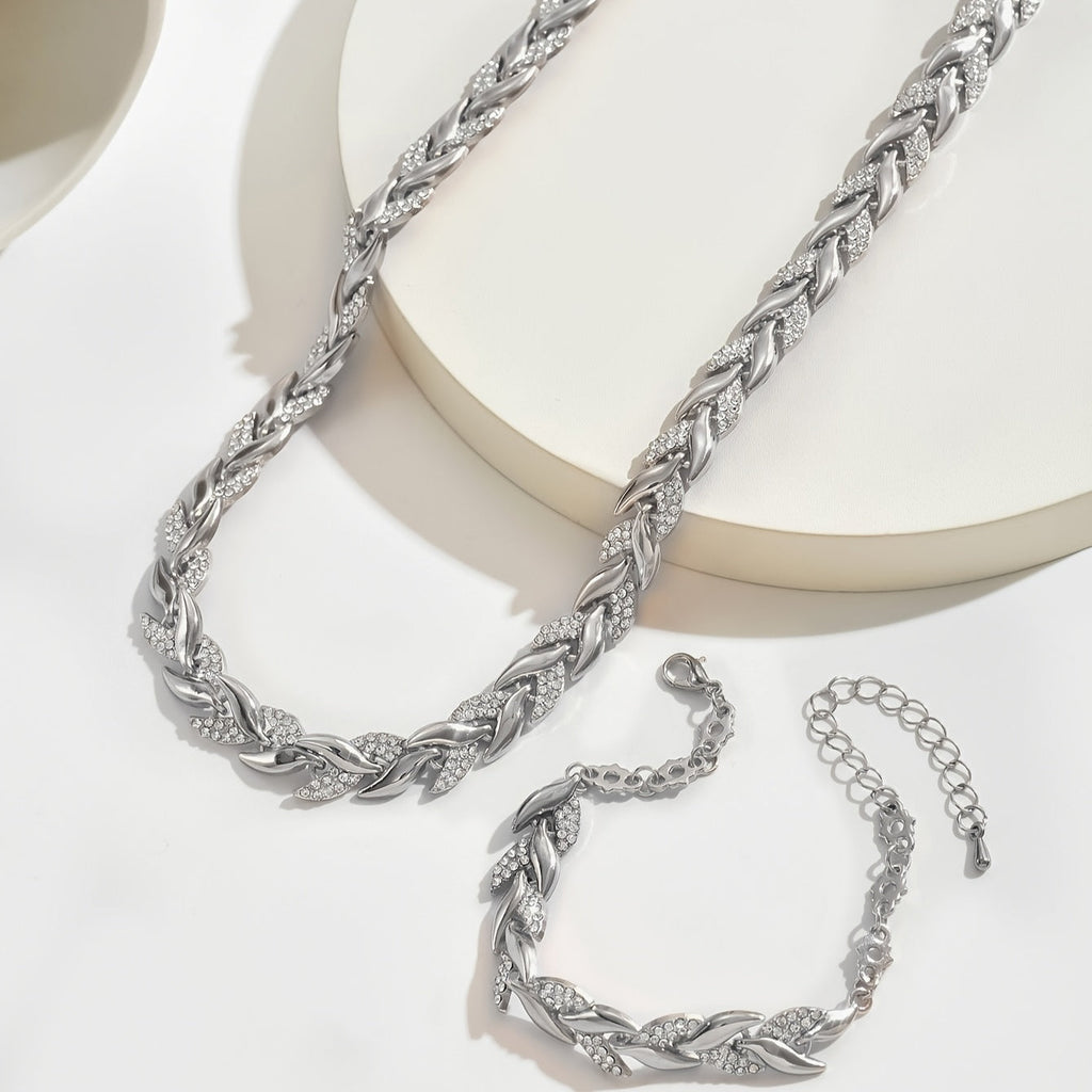 Ensemble collier et bracelet à maillons en forme de feuilles, doré rose, avec cristaux