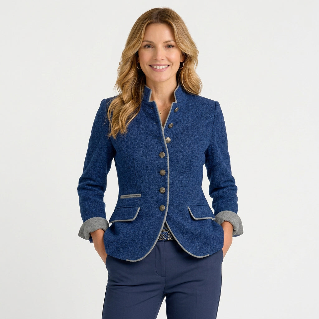 Women’s Stand Collar Tailored Jacket – Button Front Piped Trim