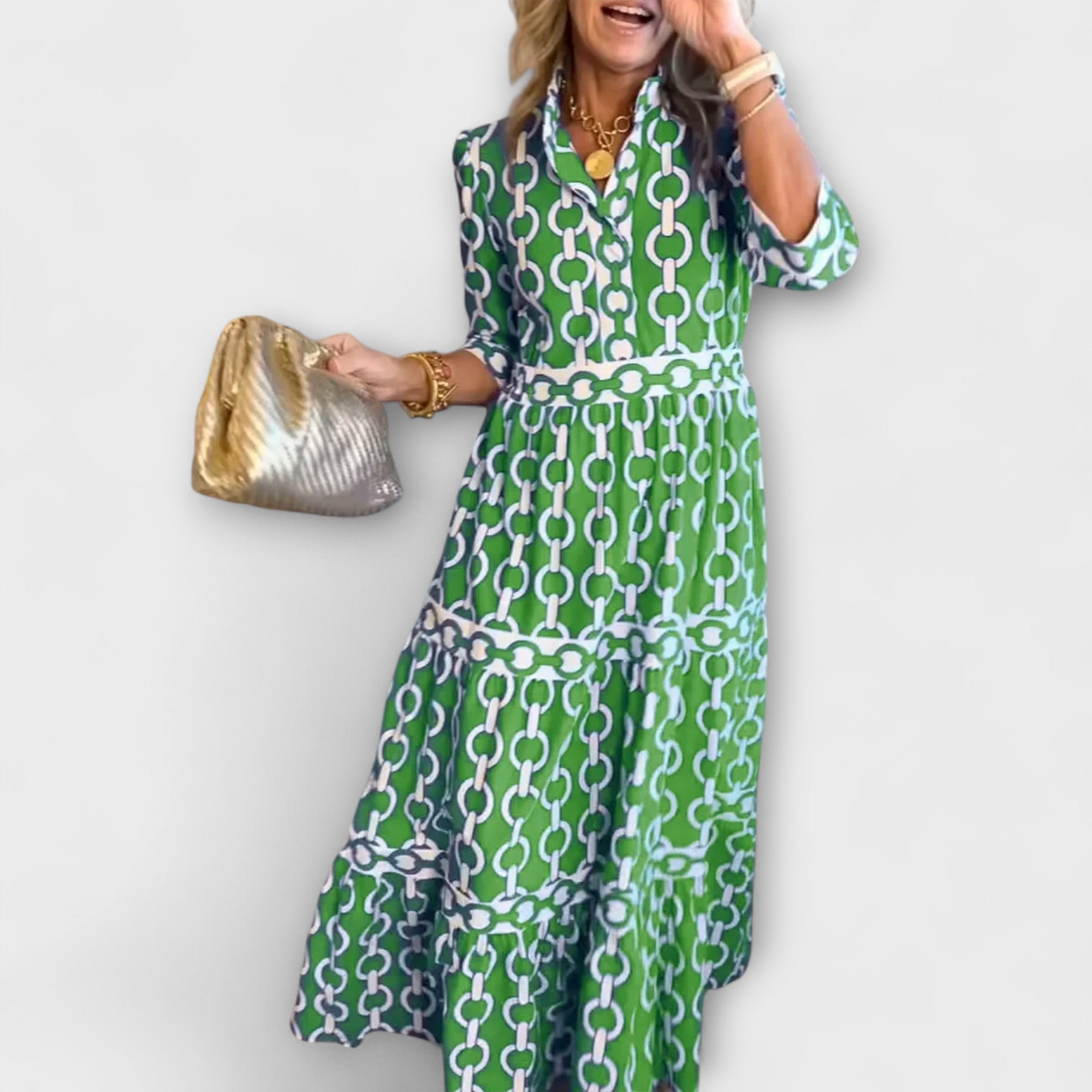 Chain Print Collared Tiered Midi Shirt Dress