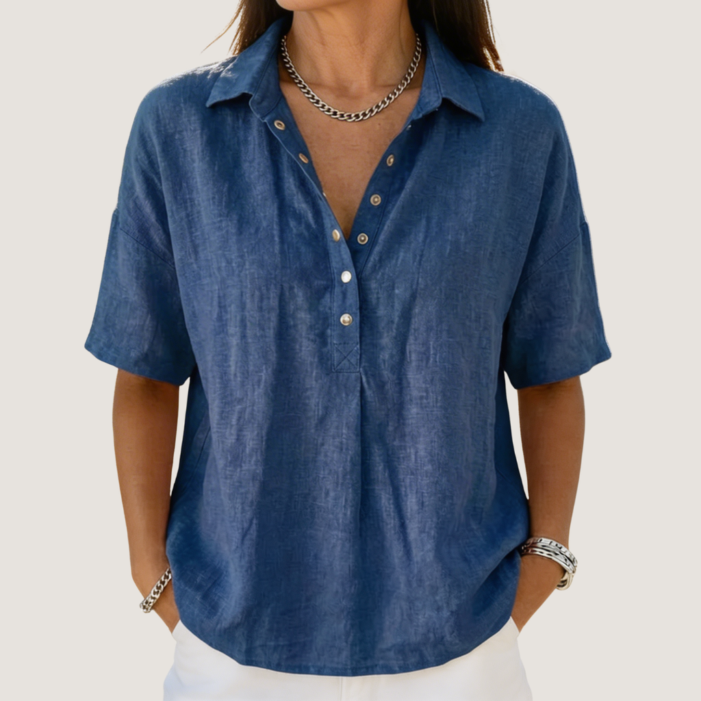 Linen Blend Collared Popover Shirt with Snap Buttons