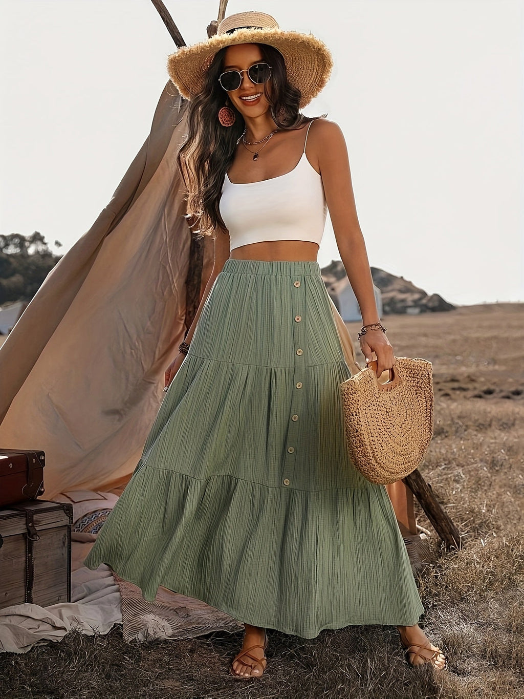 Tiered Boho Maxi Skirt with Button Front Detail