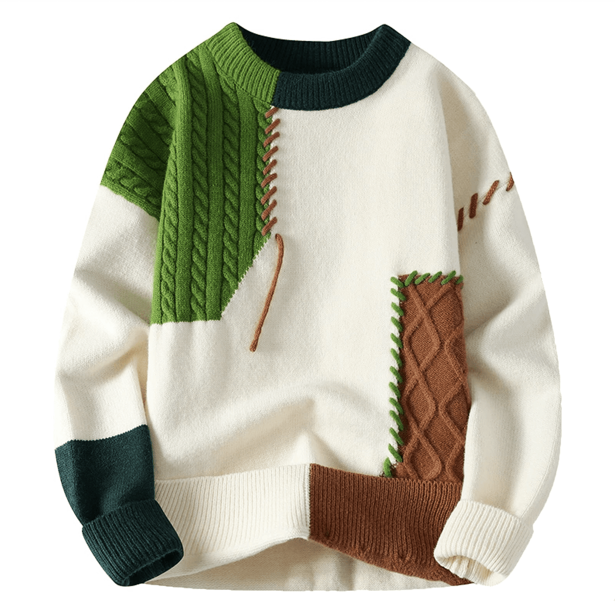 Men’s Patchwork Cable Knit Colour Block Crew Neck Sweater