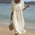 Linen Midi Dress with Hollow Out Trim and Flared Sleeves