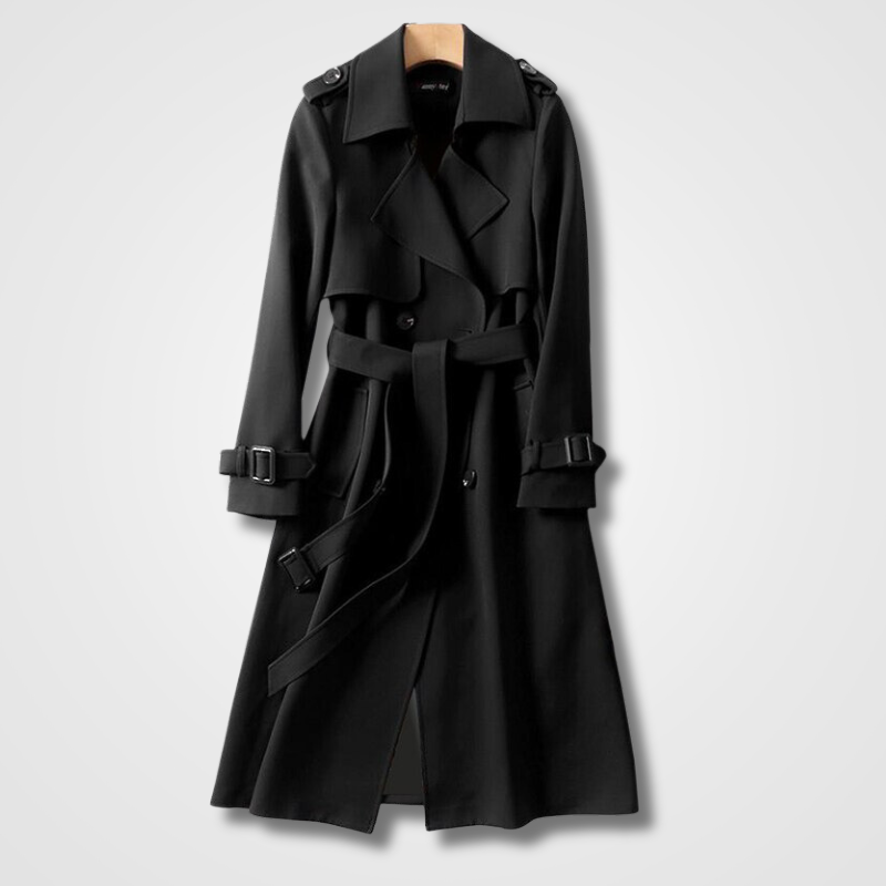 Trench-coat long à ceinture et à double boutonnage pour femme