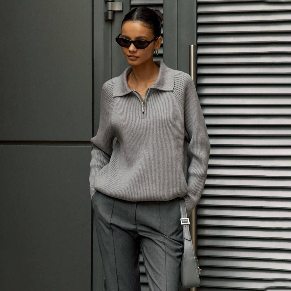 Women's Ribbed Half-Zip Collared Knit Sweater