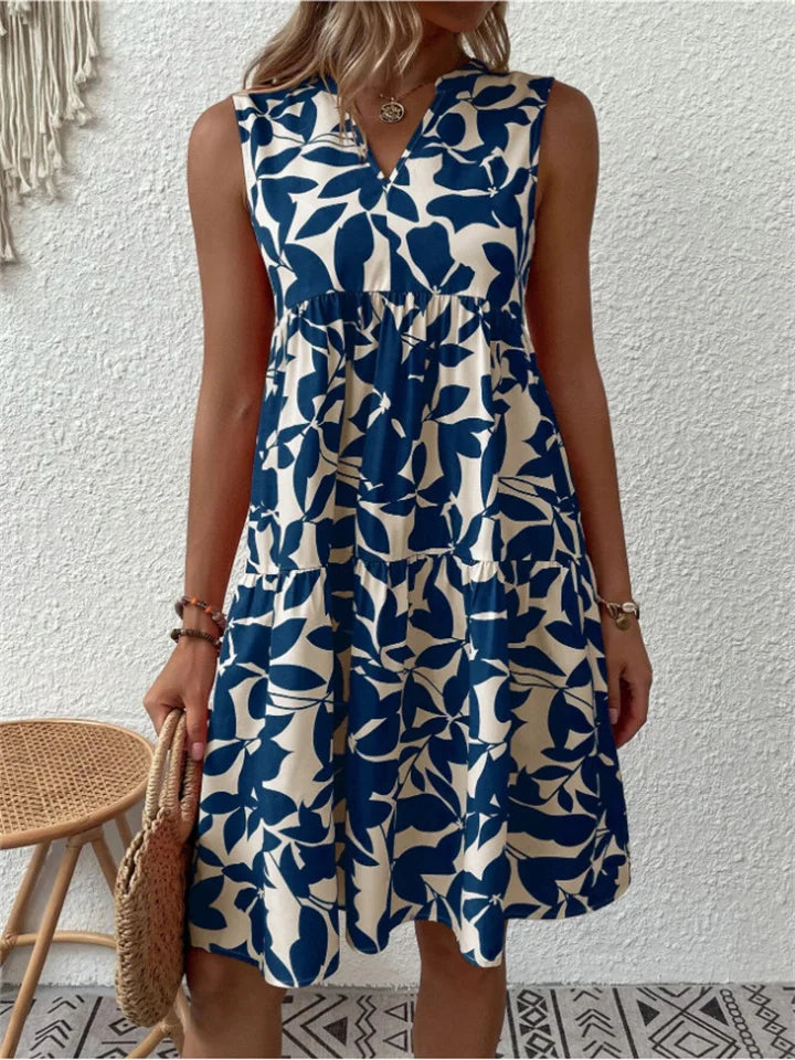 Women's Leaf Print Sleeveless Tiered Babydoll Dress