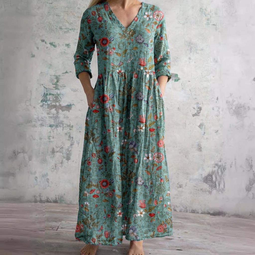 Botanical Floral Print V-Neck Maxi Dress with Pockets