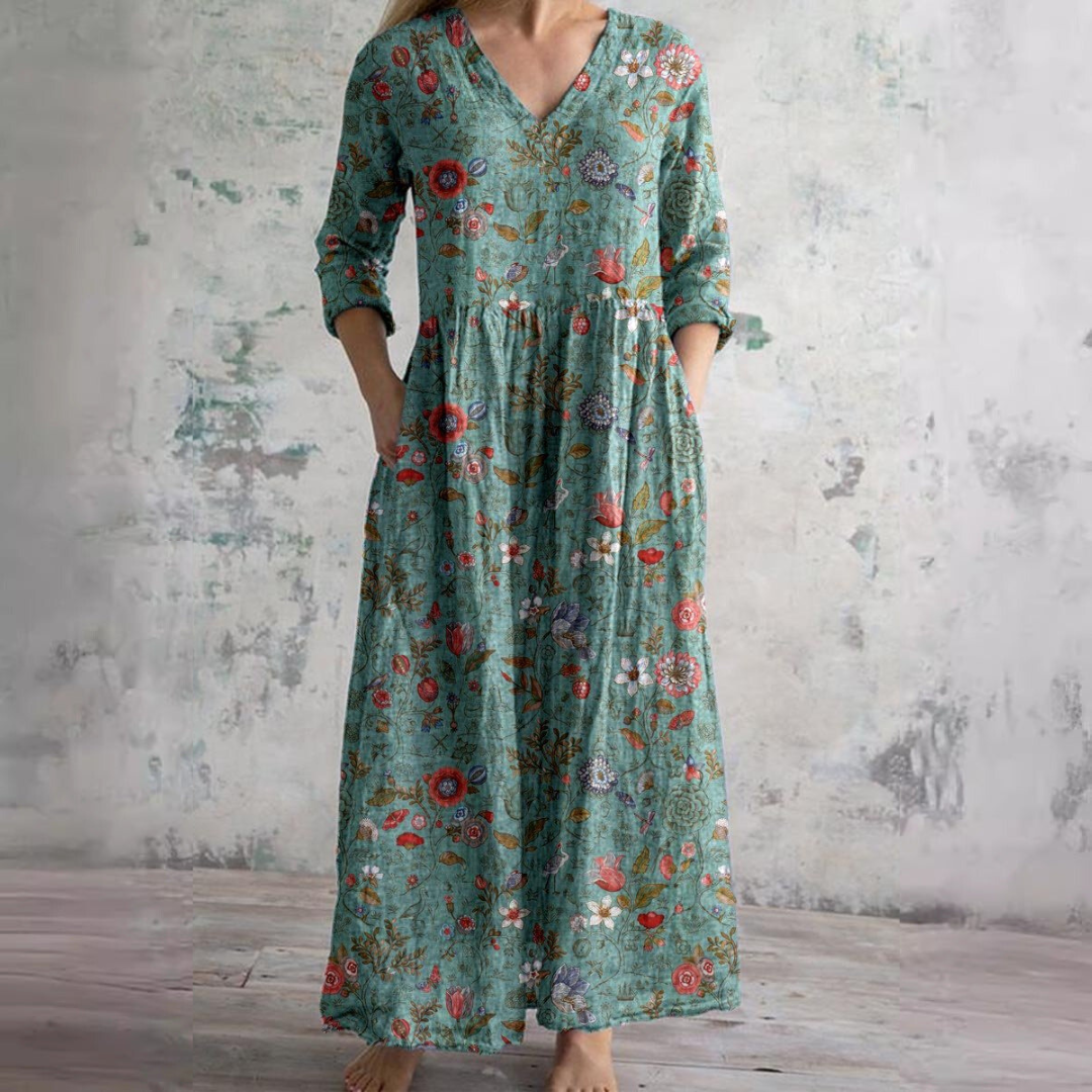 Botanical Floral Print V-Neck Maxi Dress with Pockets