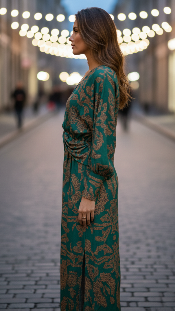 Robe midi imprimée pour femme, à col en V et devant torsadé