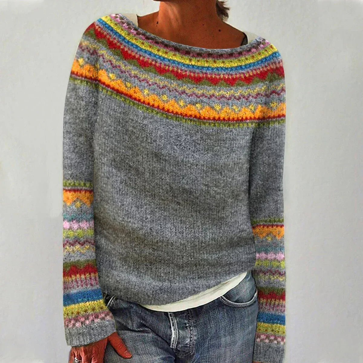 Women's Fair Isle Boat Neck Patterned Knit Sweater