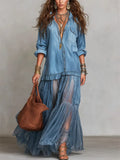 Robe longue transparente à volants avec corsage en jean pour femme